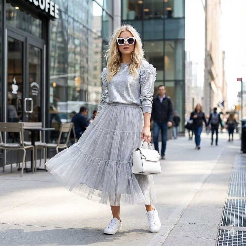 NWT Piazza Del Tempio silver foil ruffle tulle accent sweatshirt, L